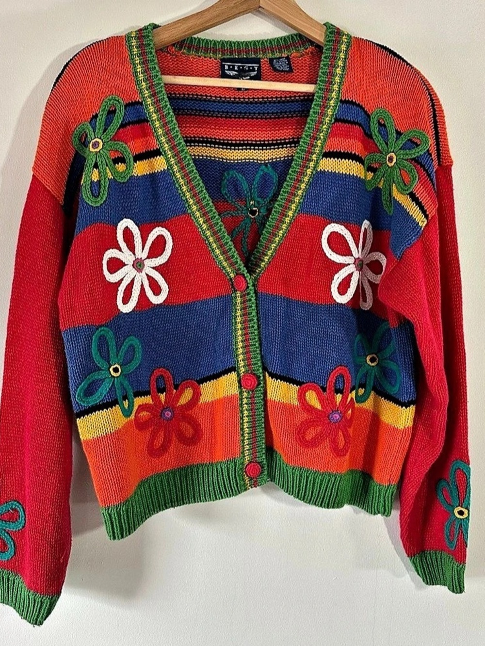 Vintage Colorful Striped Daisy Knit Cardigan Sweater Size Large Best American